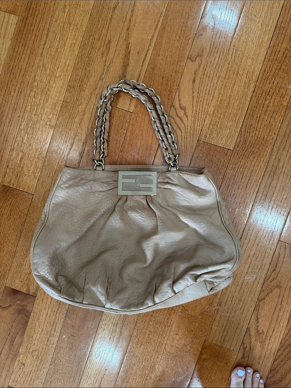 Authentic Fendi Beige Leather Shoulder Bag with Chain Handles